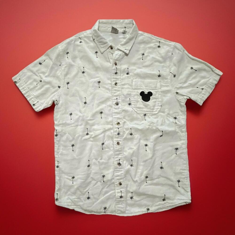 Disney Men’s Shirt M Mickey Mouse Palm Tree Print White Button-Up Cotton